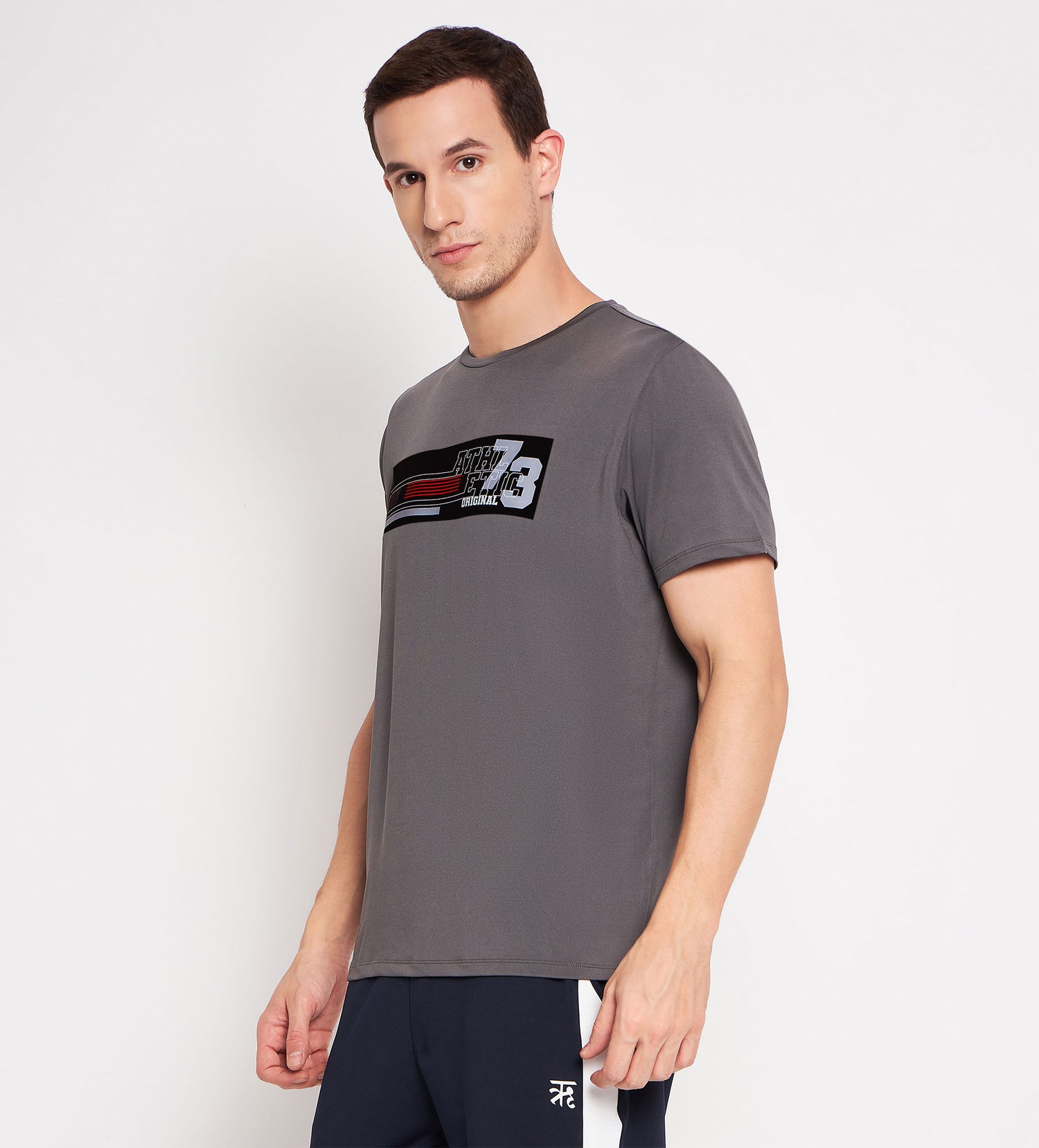 Grey Crew Neck T-Shirt with Chest Print