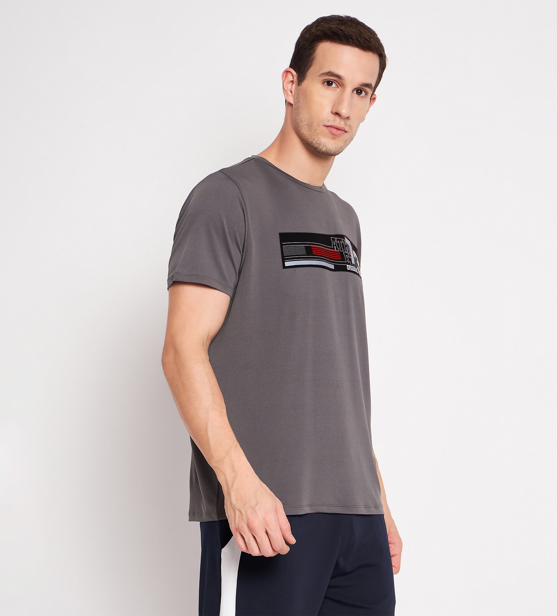 Grey Crew Neck T-Shirt with Chest Print
