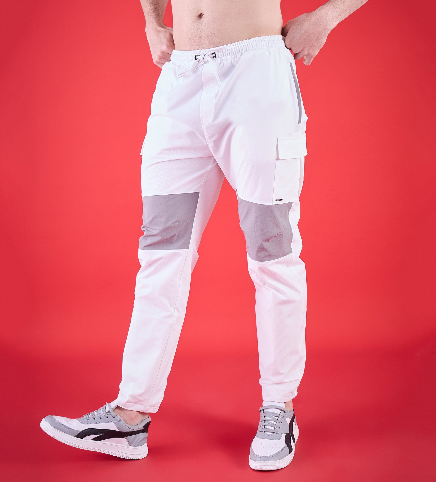 White Command Contrast Panel Cargo Trackpants For Men