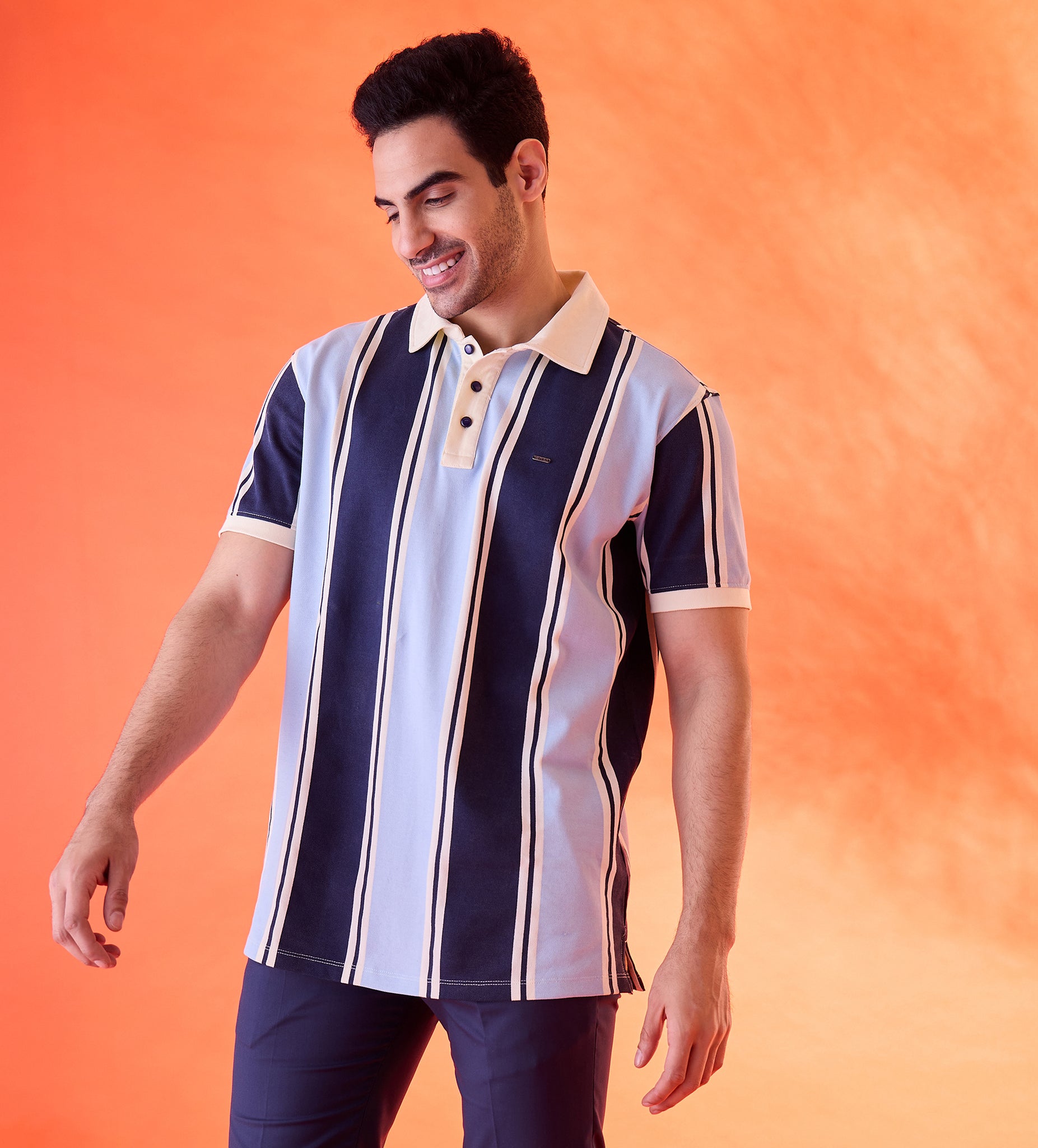 Blue Sunny Stripes Polo T-shirt For Men