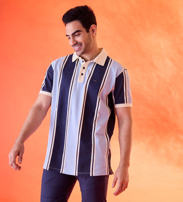 Blue Sunny Stripes Polo T-shirt For Men
