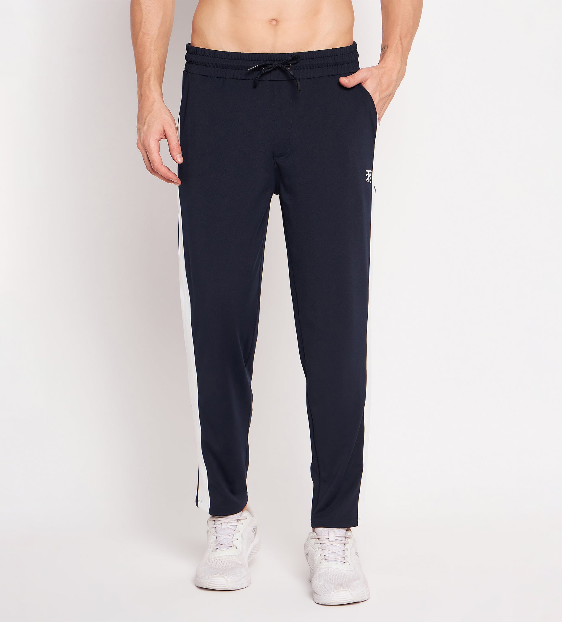 Navy Straight Fit Track Pants with White Side Panels