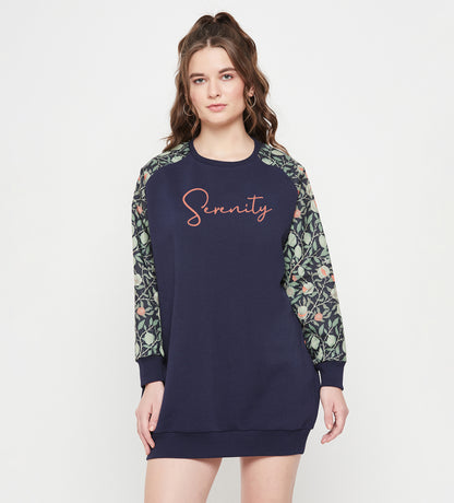 Floral Reverie: Navy Sweatshirt Dress with a Tropical Touch