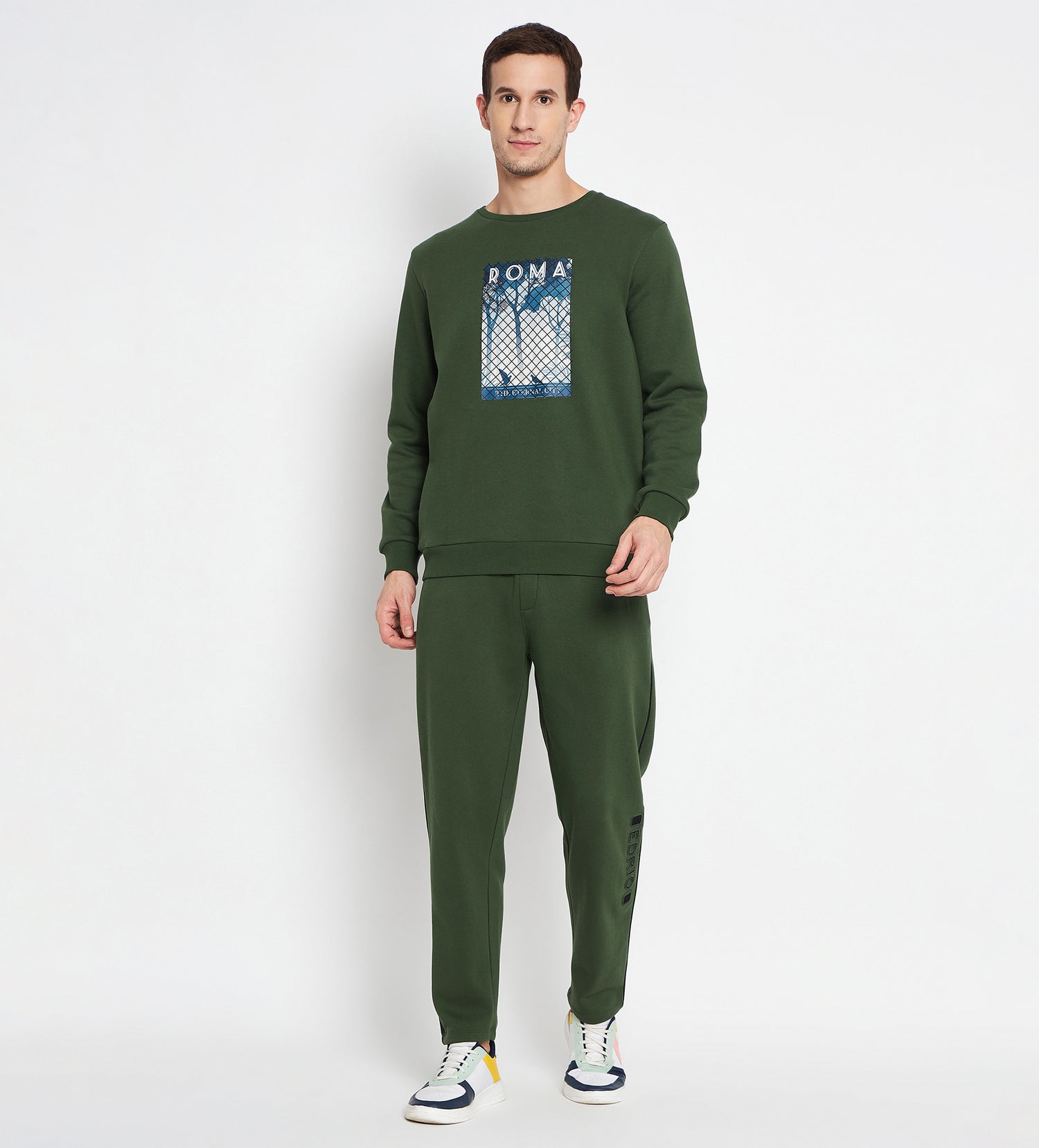 Rome-Inspired Olive Tracksuit with Digital &amp; Emboss Detailing