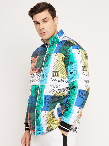 Multi-color Italy Print Puffer Jacket with Yarn-Dyed Rib
