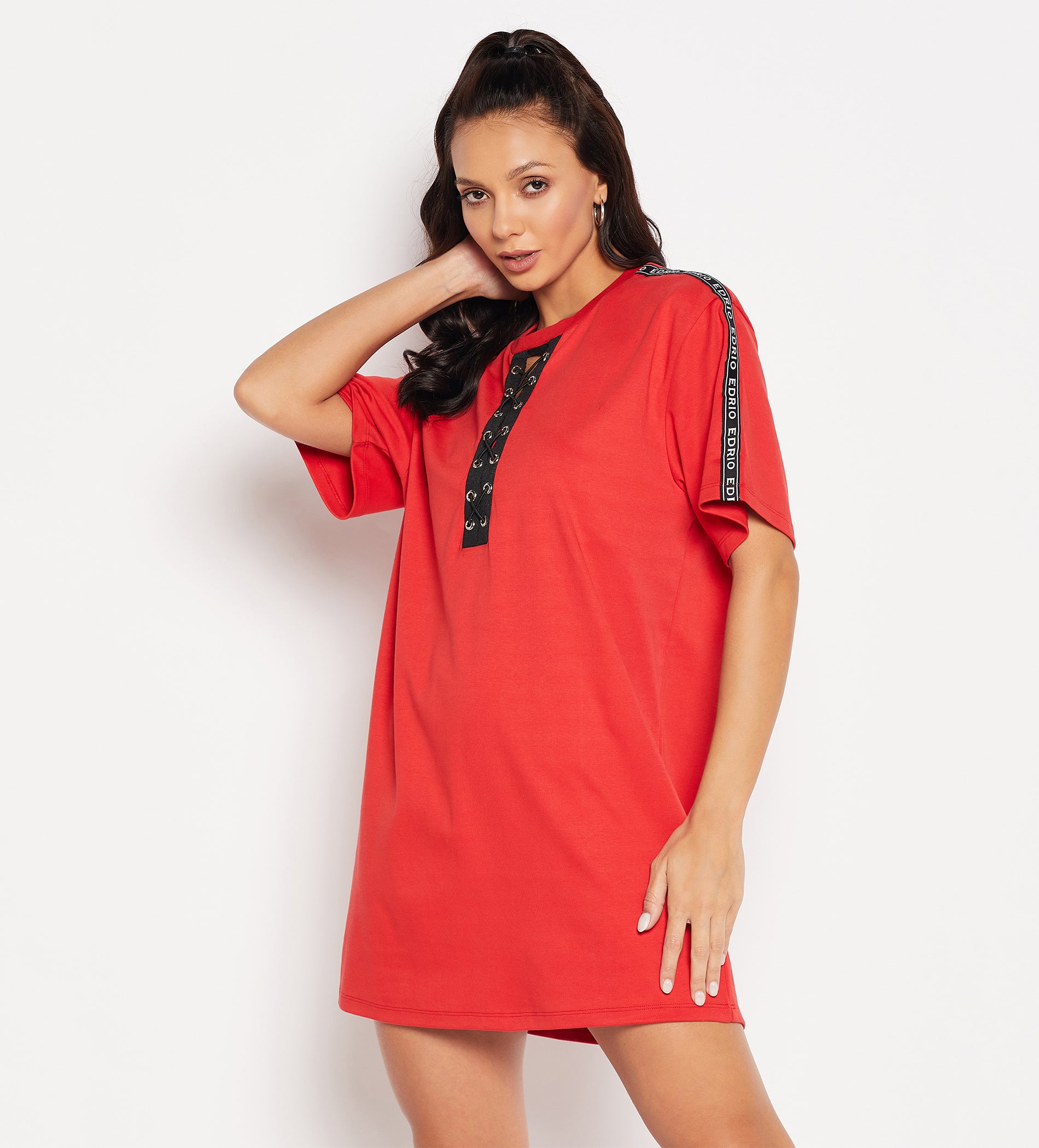 Red Eyelets Lace-Up Relaxed Dress