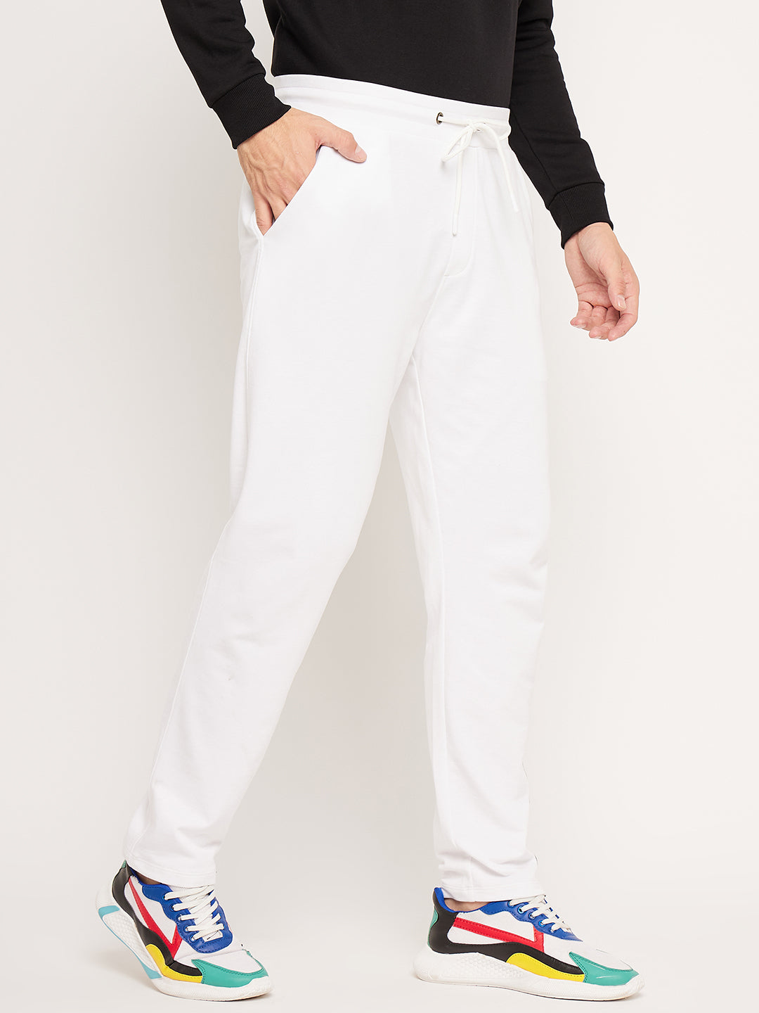 White Side Stripe Track Pants with Snap Buttons