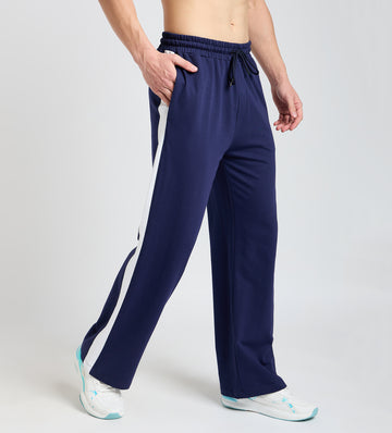 Navy wide leg trackpants with white bold stripes For Men