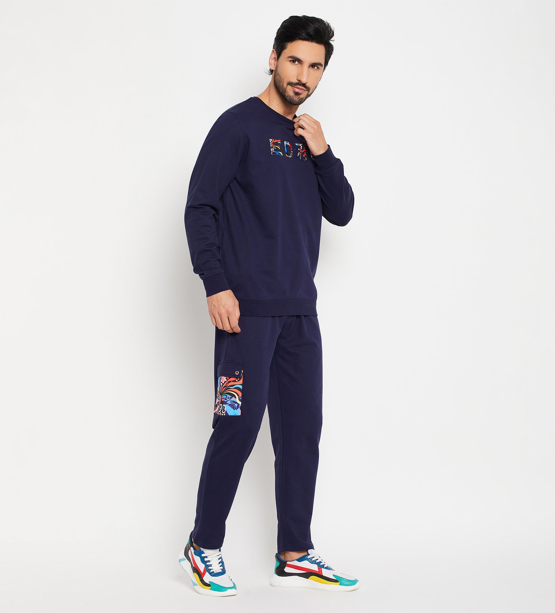 Relaxed Fit Navy Tracksuit with Edrio Print