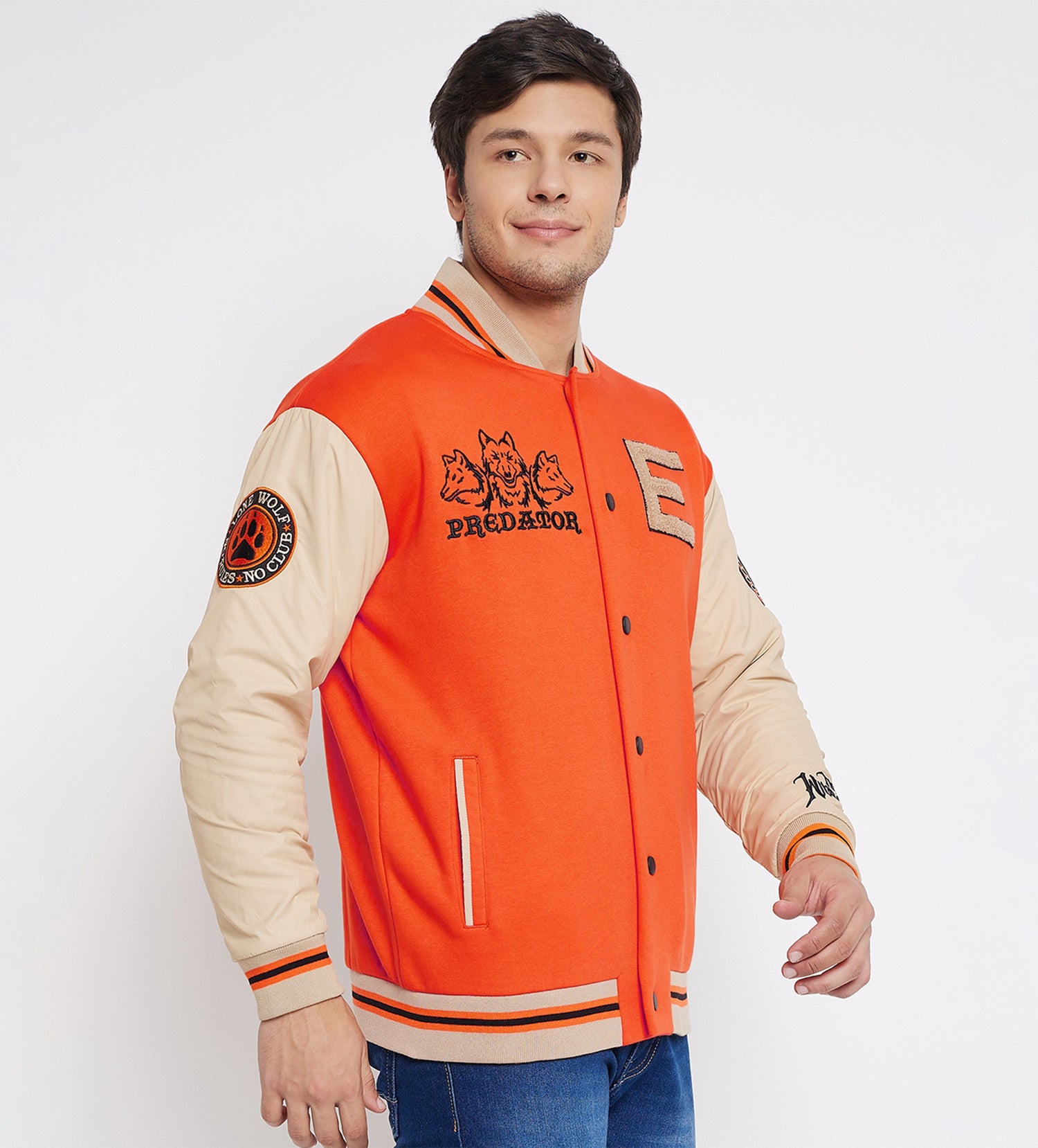 Loose fit Orange varsity jacket with detailed patches