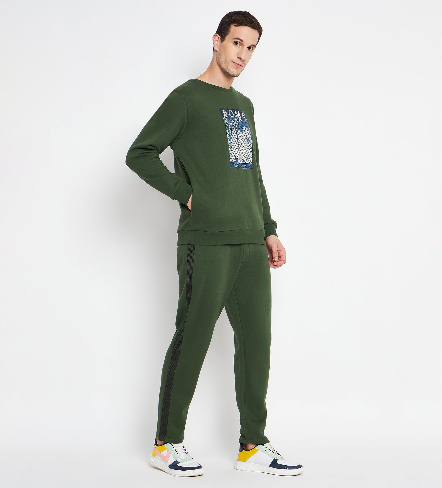 Rome-Inspired Olive Tracksuit with Digital &amp; Emboss Detailing