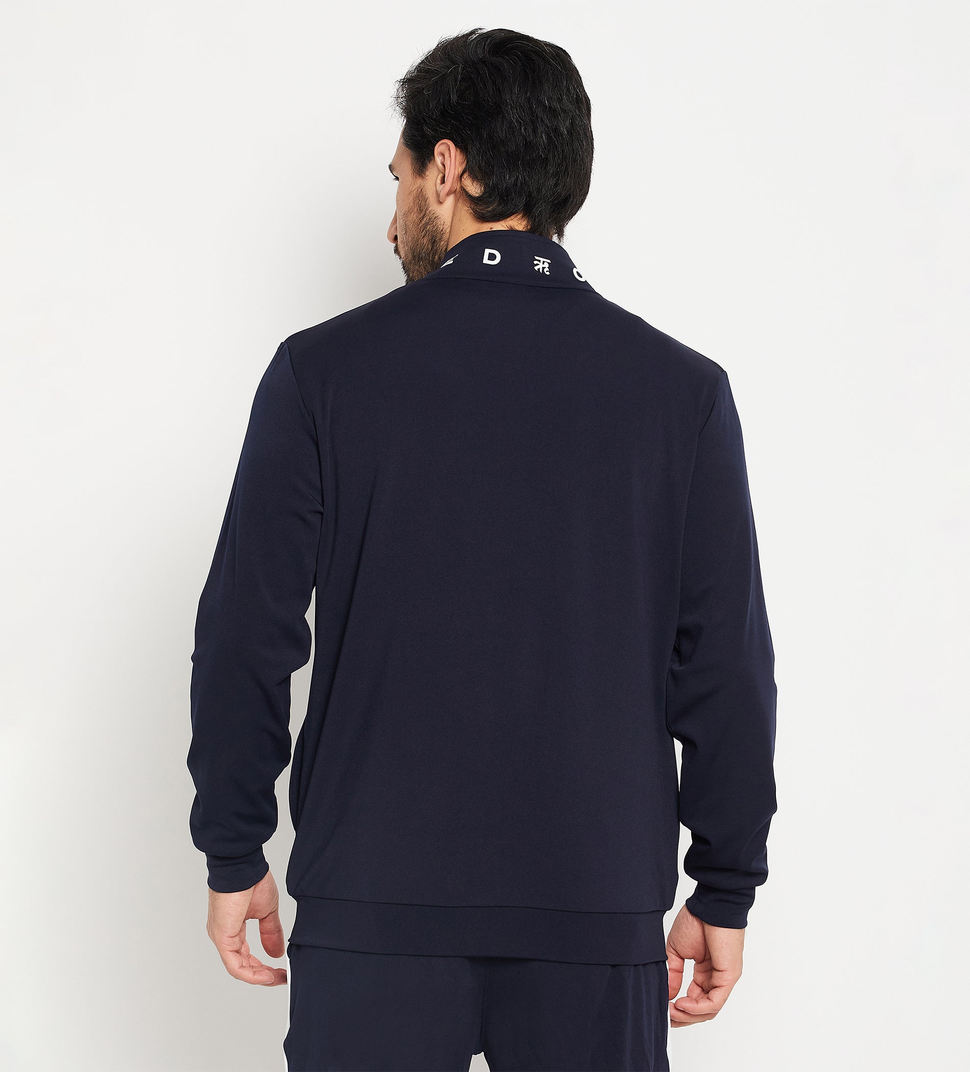 Navy Full Sleeve Zipper Jacket With Print And Contrast Color