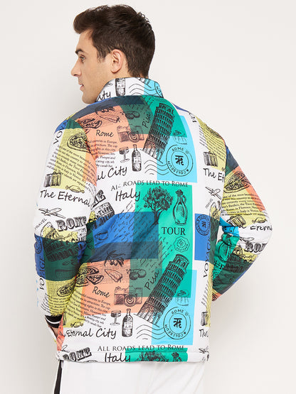 Multi-color Italy Print Puffer Jacket with Yarn-Dyed Rib
