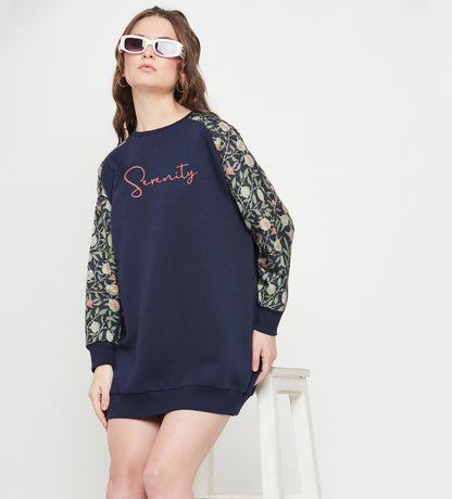 Floral Reverie: Navy Sweatshirt Dress with a Tropical Touch