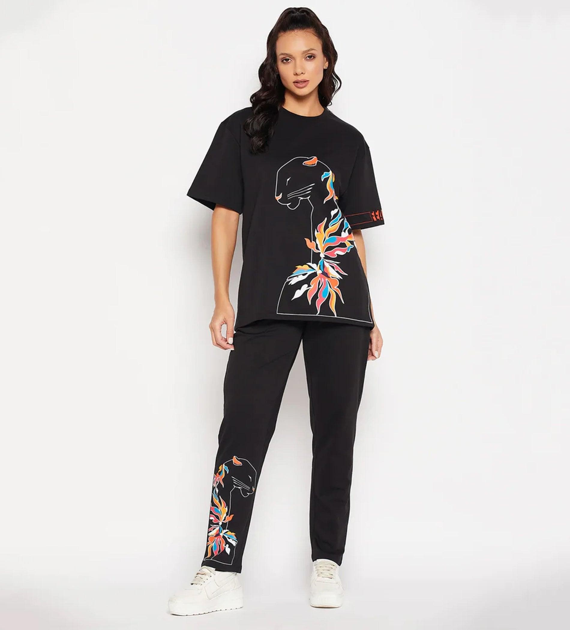 Co-ords Co-Ords Black Floral Lion Print Oversized Co-Ord Set for Women