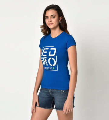 Edrio India T-Shirt Women Royal Blue Compact Cotton Graphic Print Tee