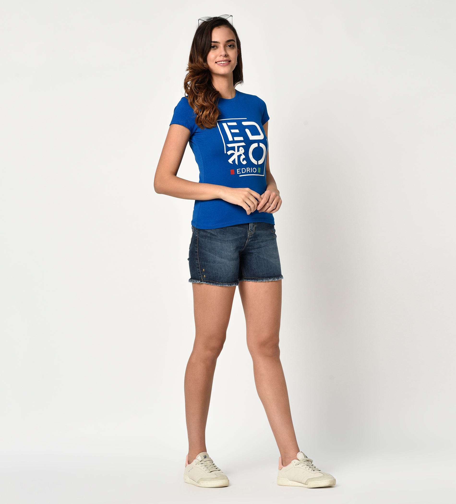 Edrio India T-Shirt Women Royal Blue Compact Cotton Graphic Print Tee