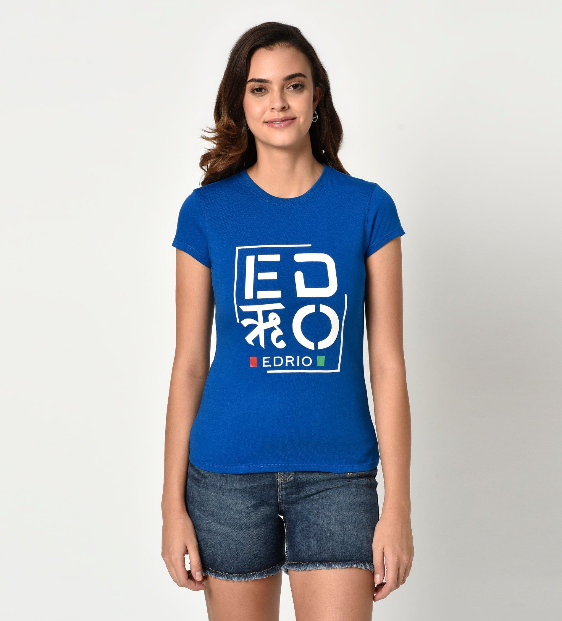 Edrio India T-Shirt Women Royal Blue Compact Cotton Graphic Print Tee