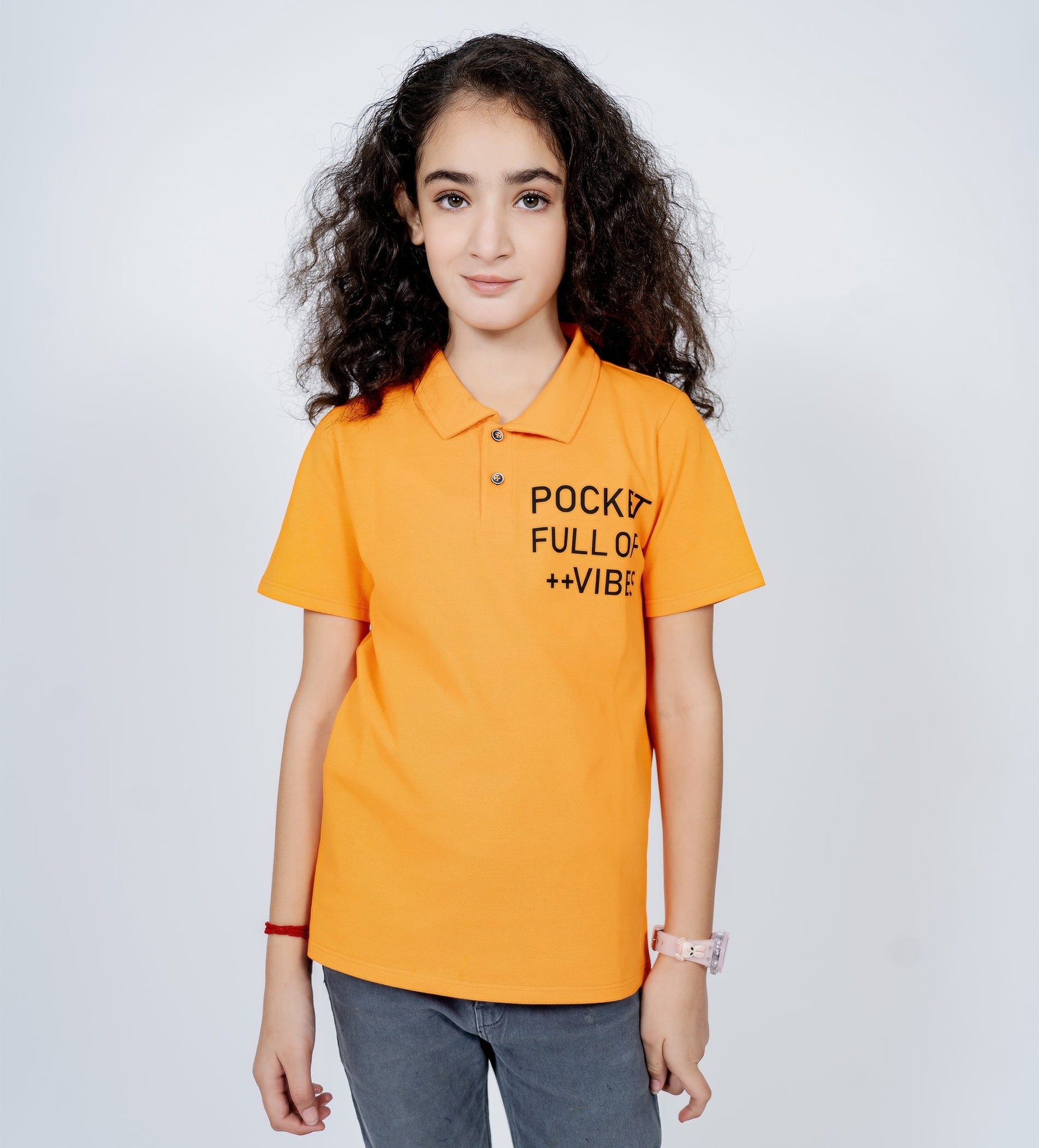 Polos Polo T-Shirt Vibrant Orange Polo T-Shirt with Positivity Graphic