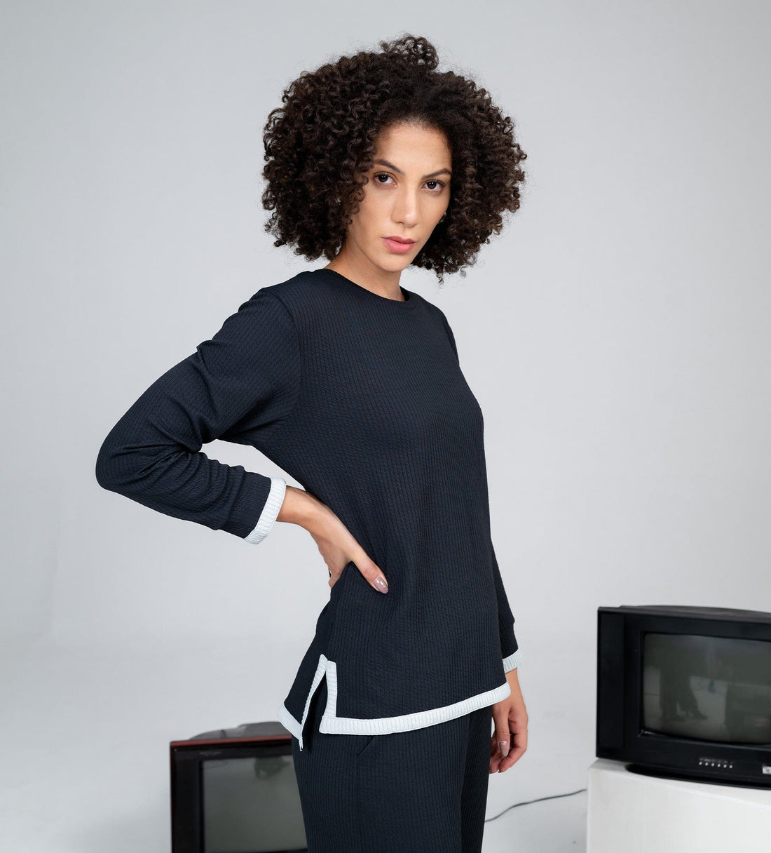 Sweatshirts Hoodies & Sweatshirts Black Grid waffle polo collar top