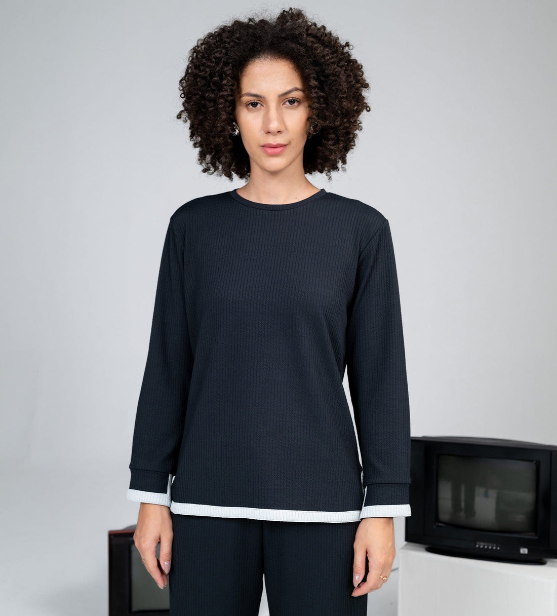 Sweatshirts Hoodies & Sweatshirts Black Grid waffle polo collar top