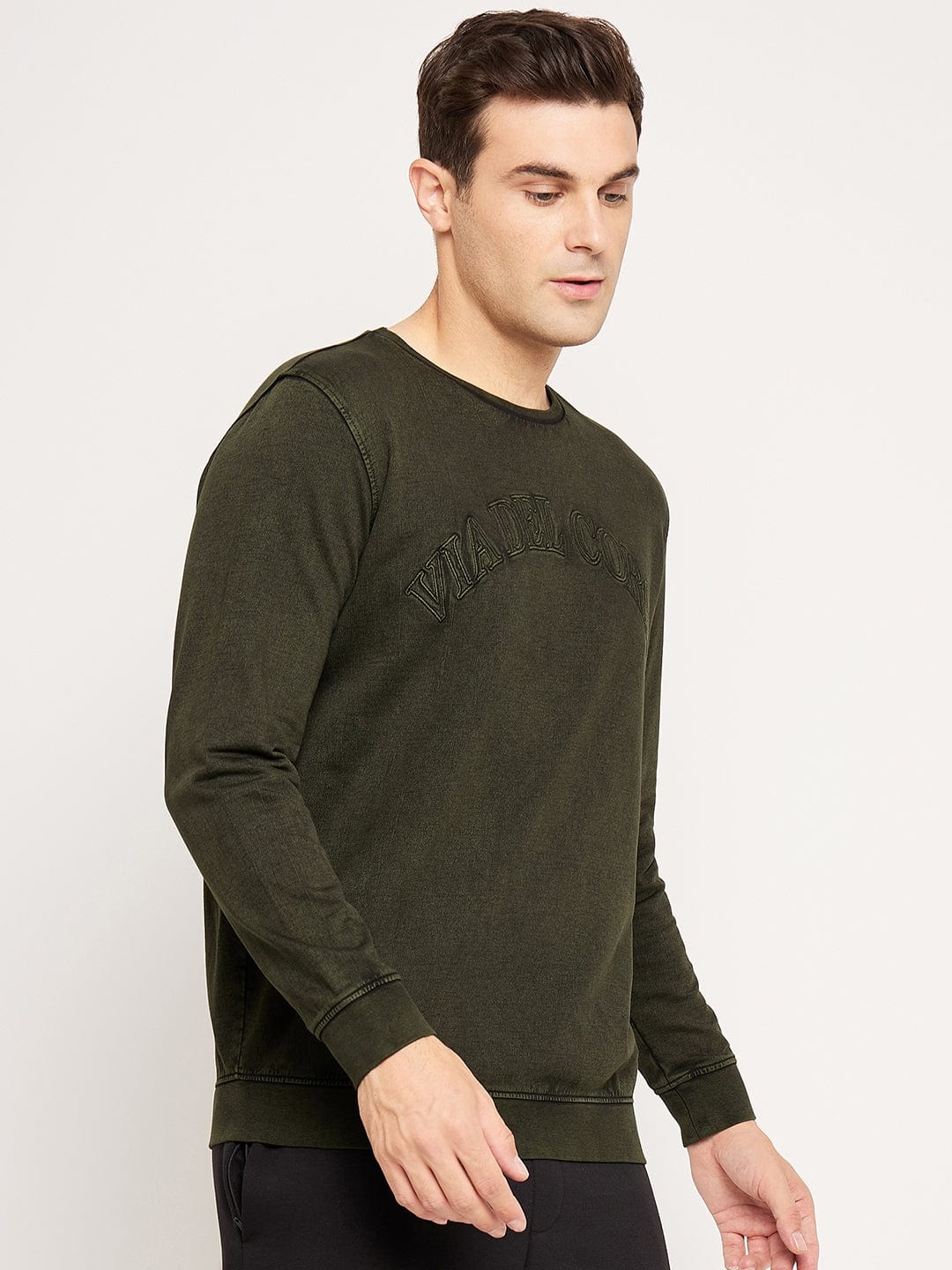 Sweatshirts Solid Sweatshirts Olive Retro Embroidery Sweatshirt for Men