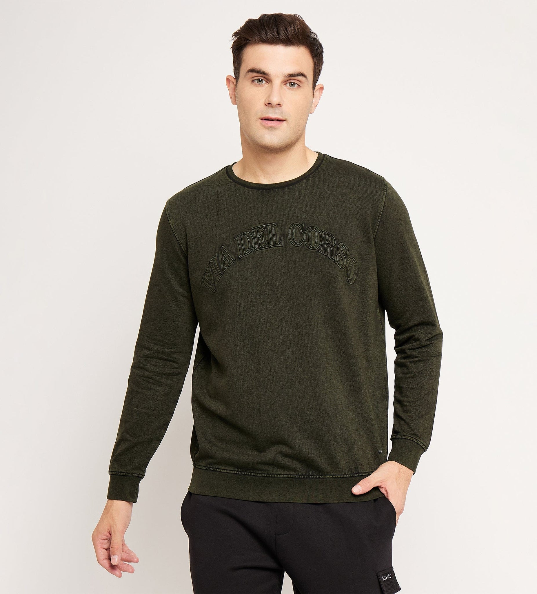 Sweatshirts Solid Sweatshirts Olive Retro Embroidery Sweatshirt for Men