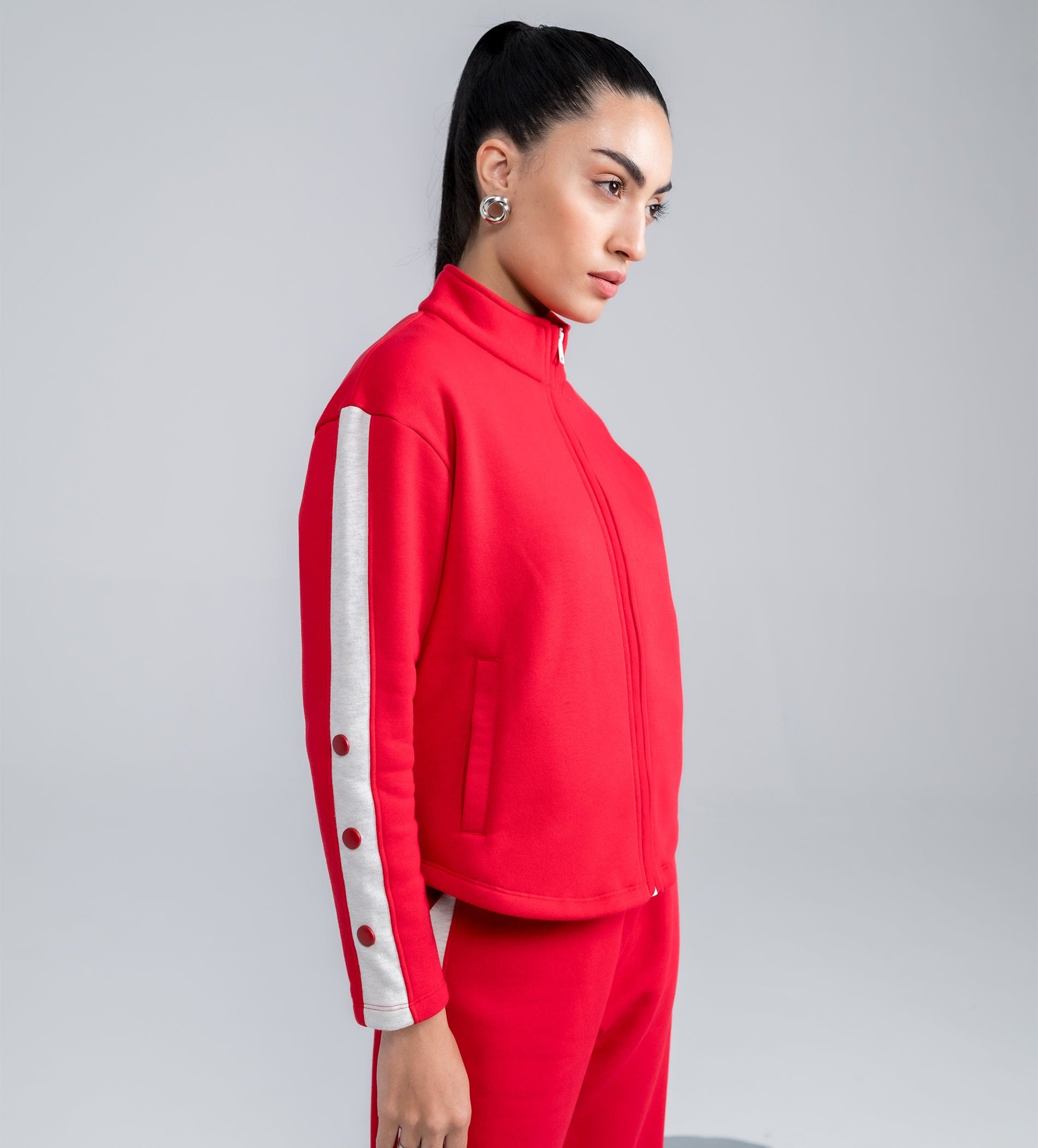 Sweatshirts Solid Sweatshirts Stylish Red zipper with Contrast Panels and Button Finish