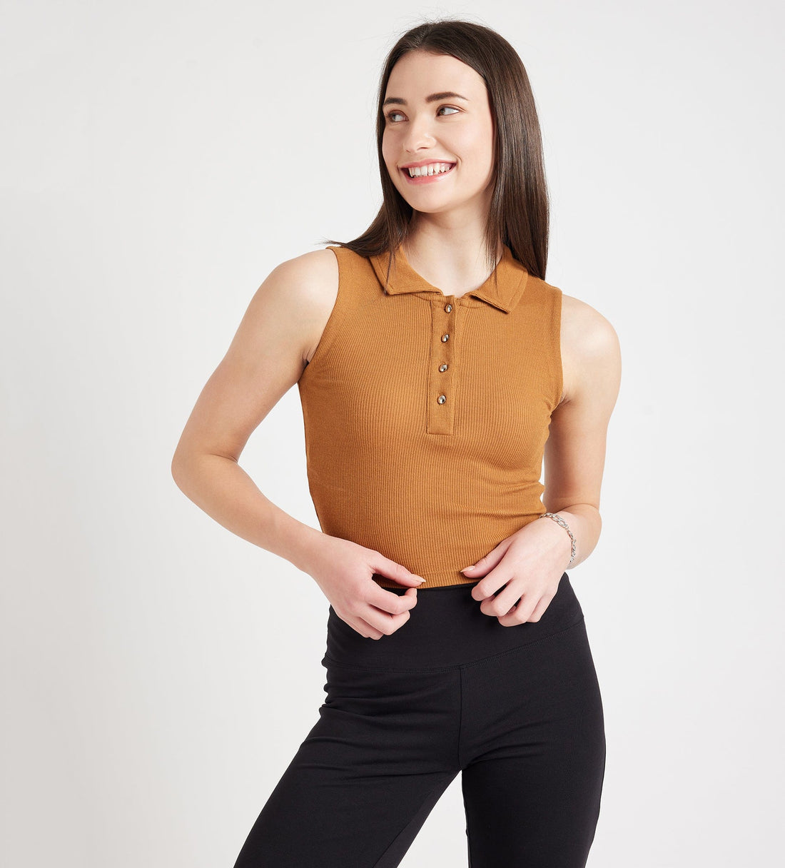 Tanks & Tops Crop Top Brown Polo Neck Tank Top For Womens