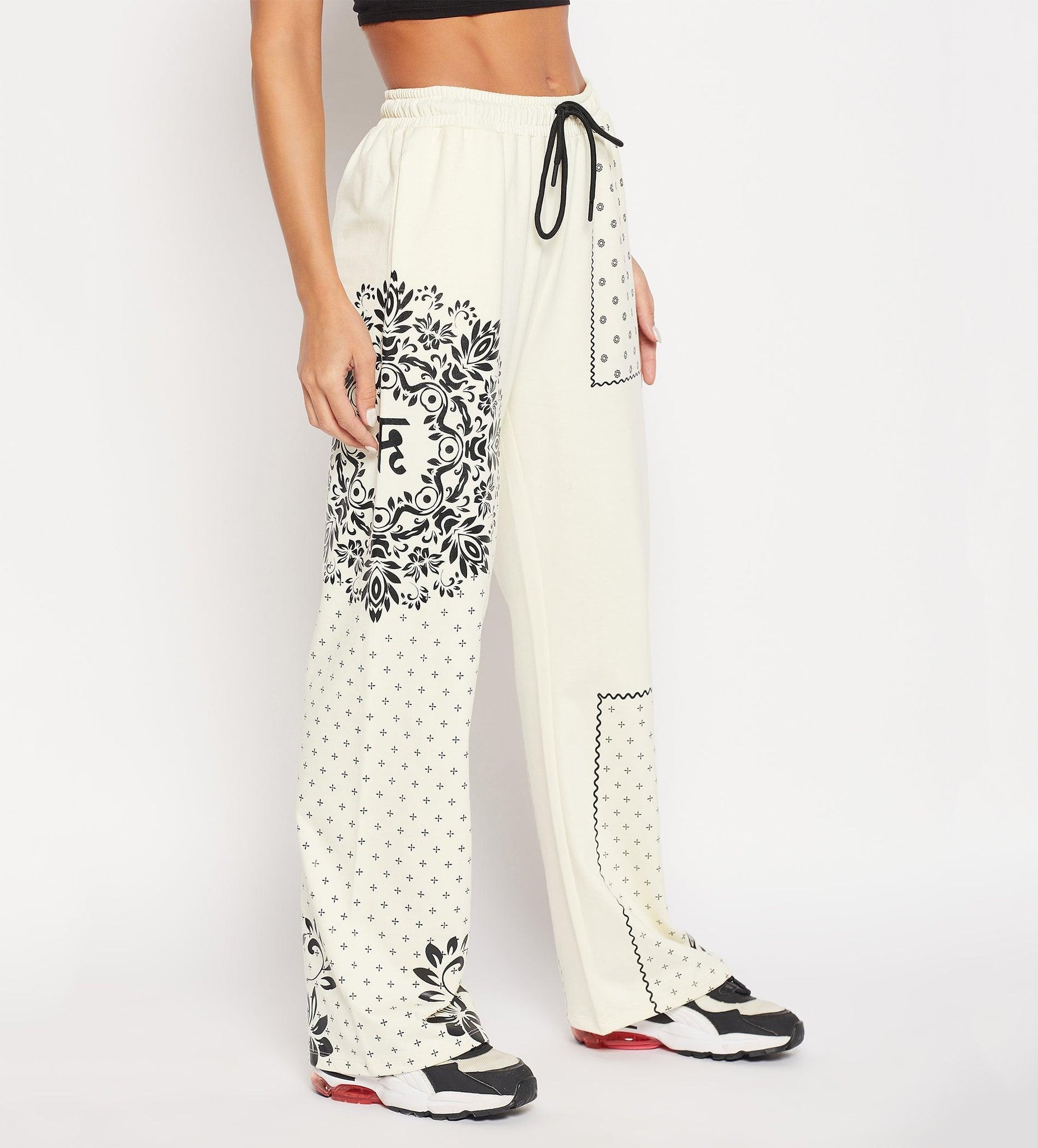 Track Pants Drawstring Trackpants Off-White Bandana Print Wide Leg Trouser for Women