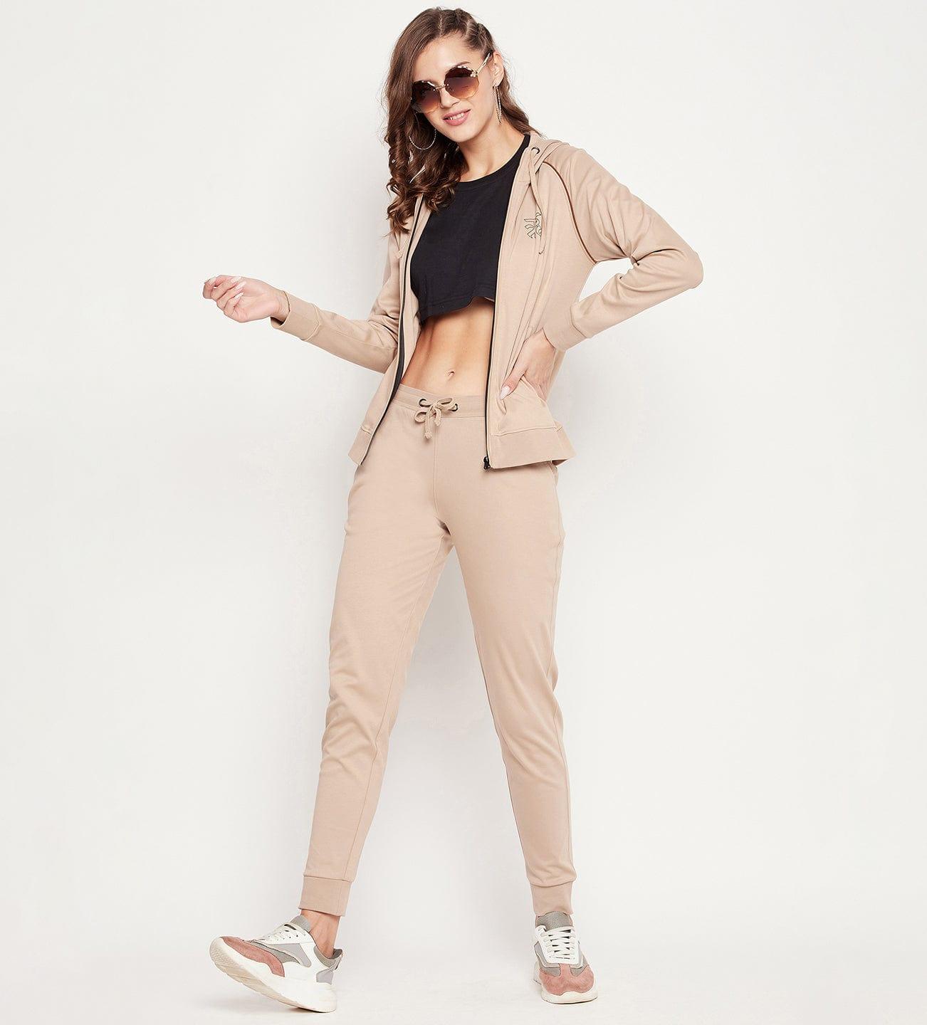 Beige Slim Fit Zip up All Season Tracksuit for Women