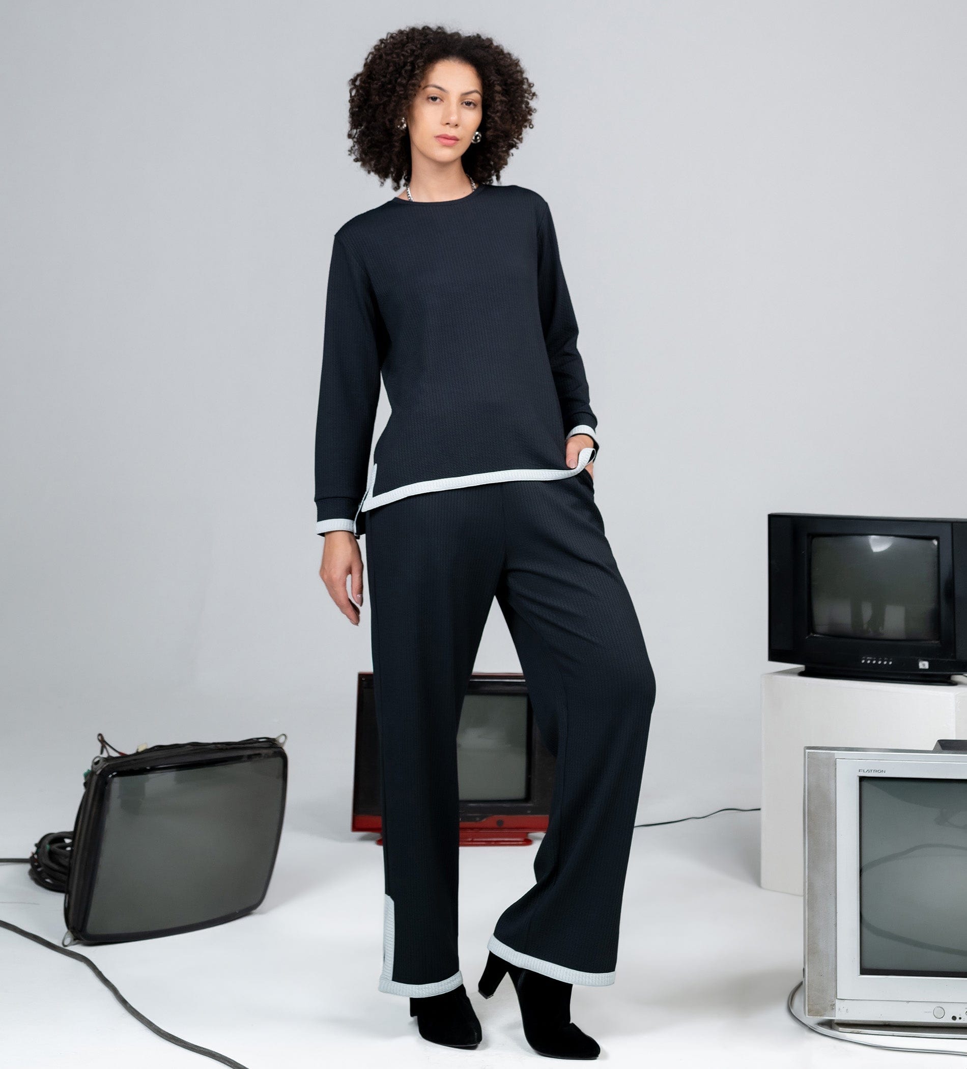 Trackpants Wide Leg Trackpant Black Grid waffle wide leg trackpant