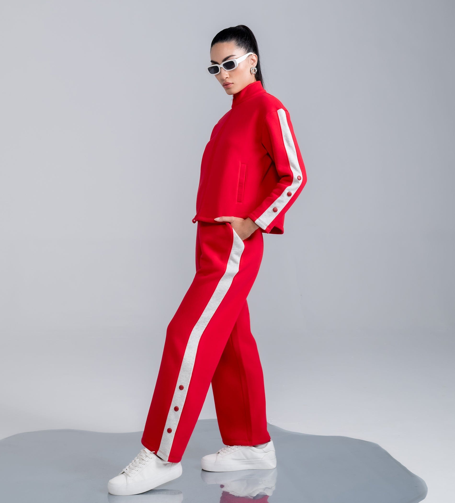 Trackpants Wide Leg Trackpant Stylish Red wide leg trackpant with Contrast Panels and Button Finish