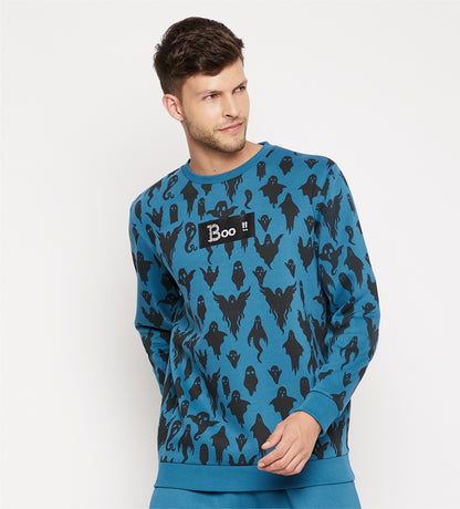 Men Blue Round Neck Fleece Sweatshirt