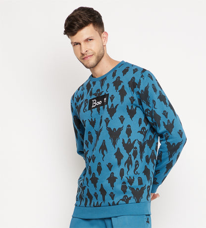 Men Blue Round Neck Fleece Sweatshirt