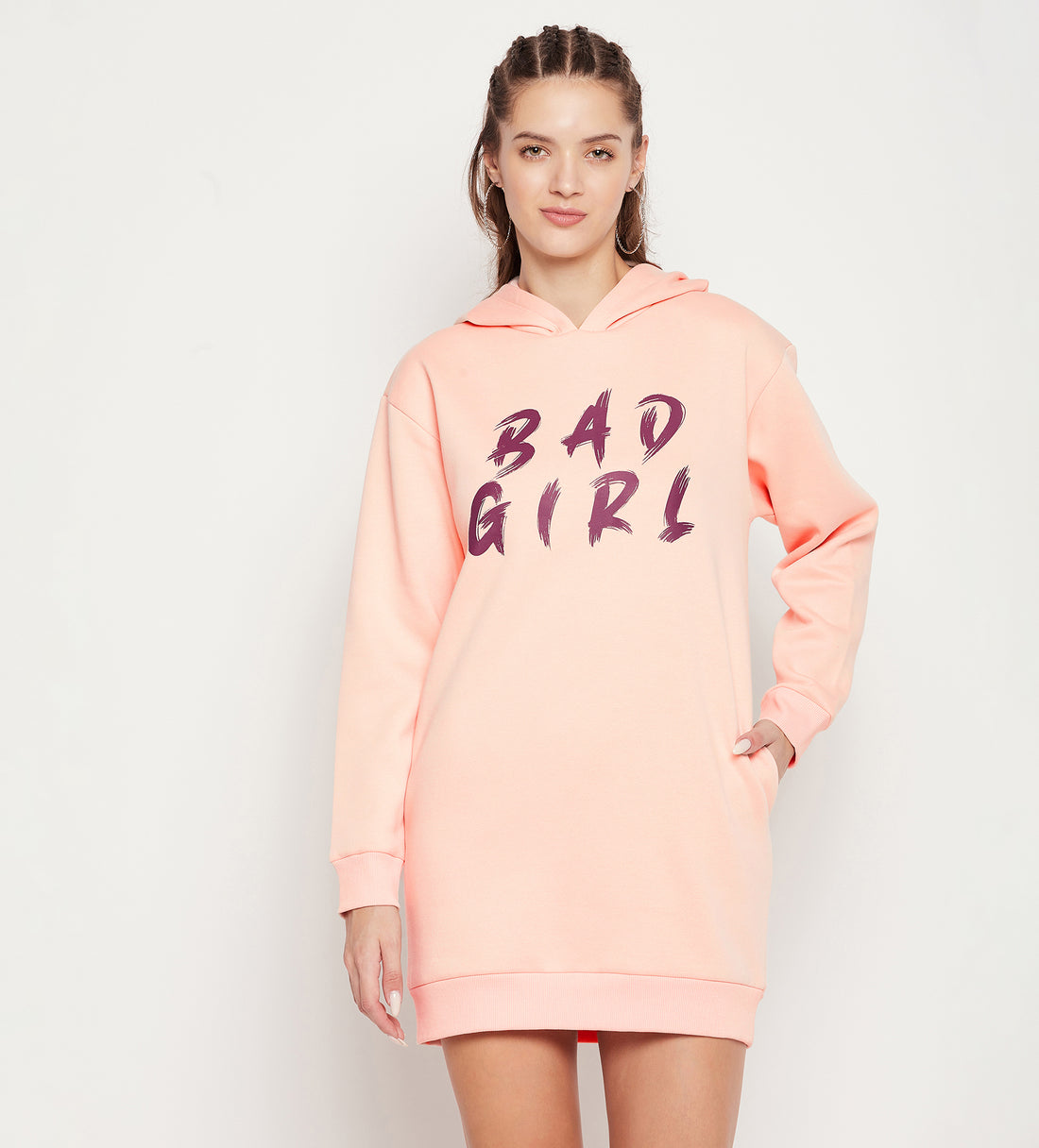 Women Peach Fleece Bad Girl Hooded  Sweatshirt Dress