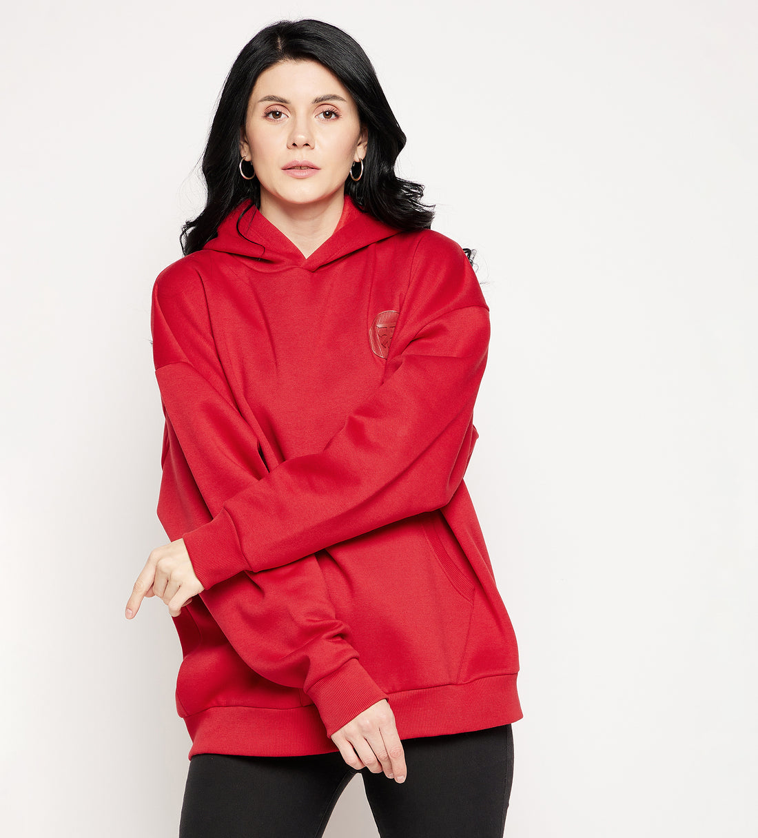 Women Red Hooded Oversized Fleece  Sweatshirt
