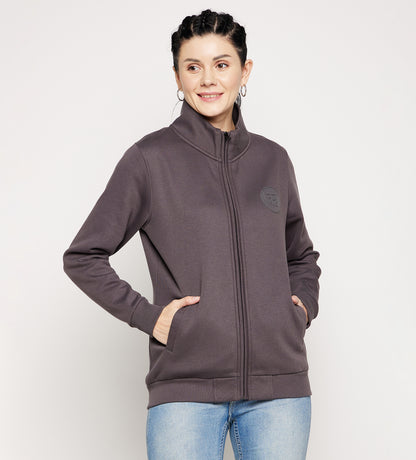 Women Charcoal Regular Fleece Zipper  Sweatshirt With HD Logo