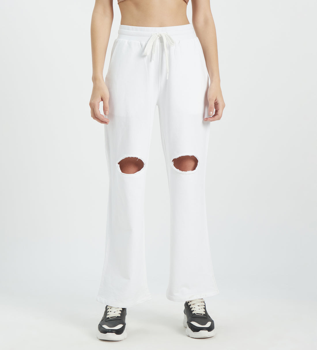 Women White Trackpant With Ripped Spaces