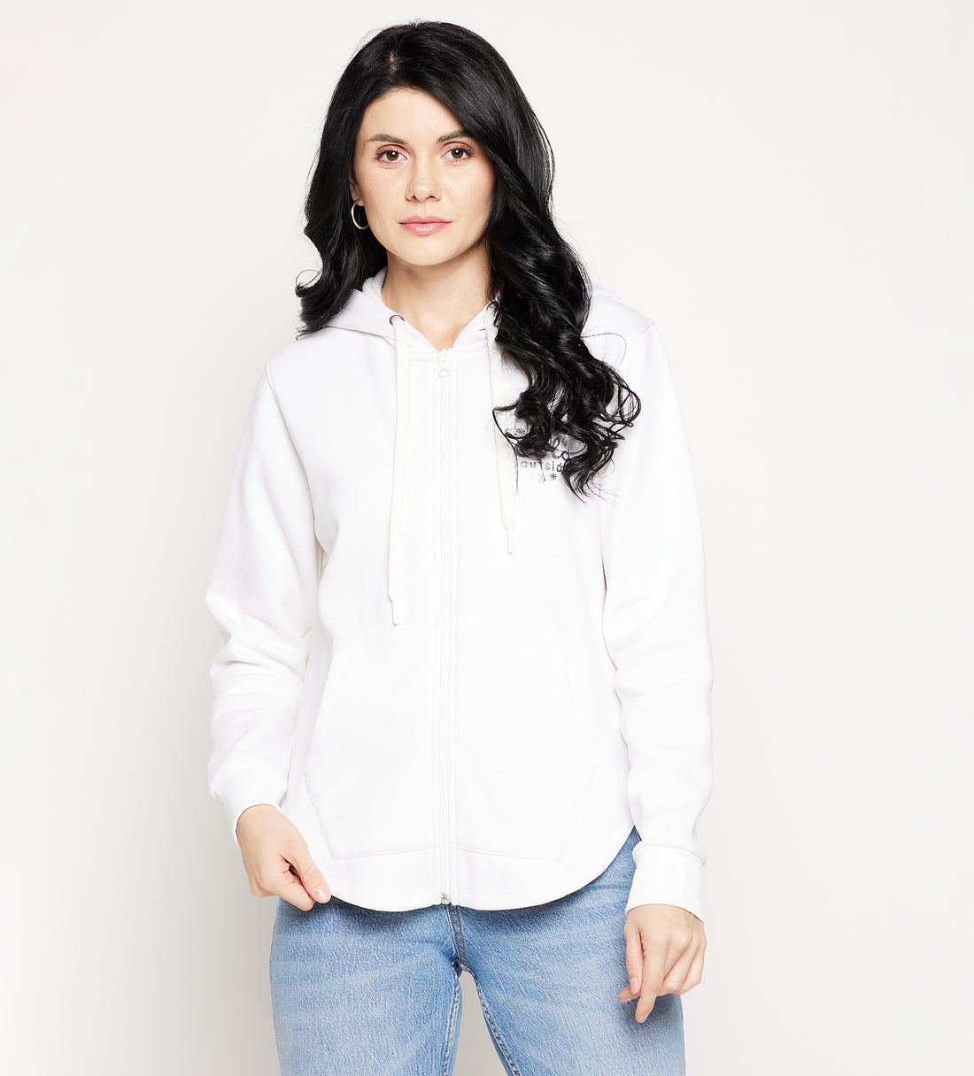 Women White Regular Fleece Sweatshirt With Foil Print