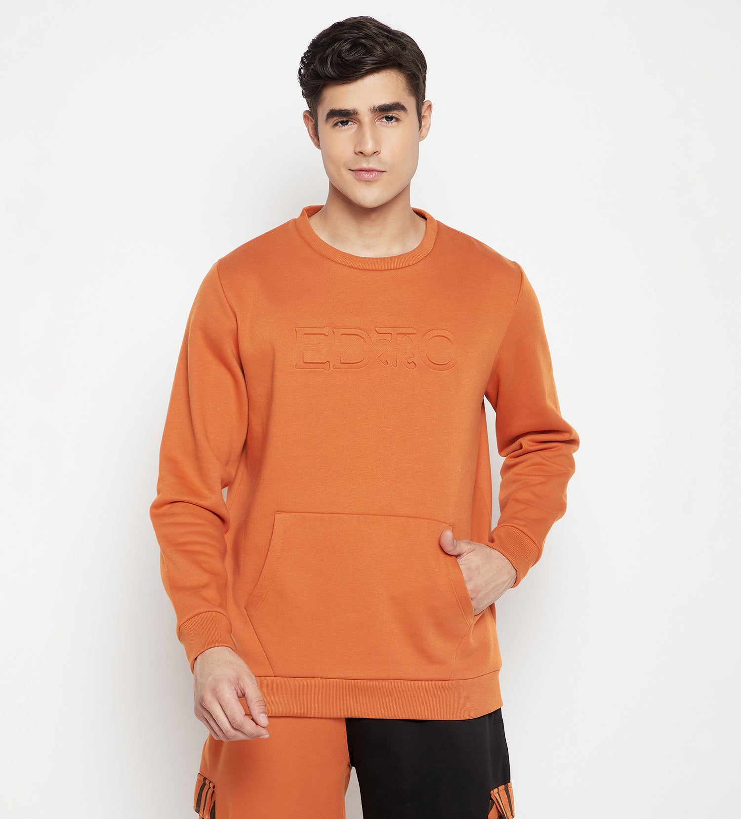 Men Orange Regular Fleece Sweatshirt