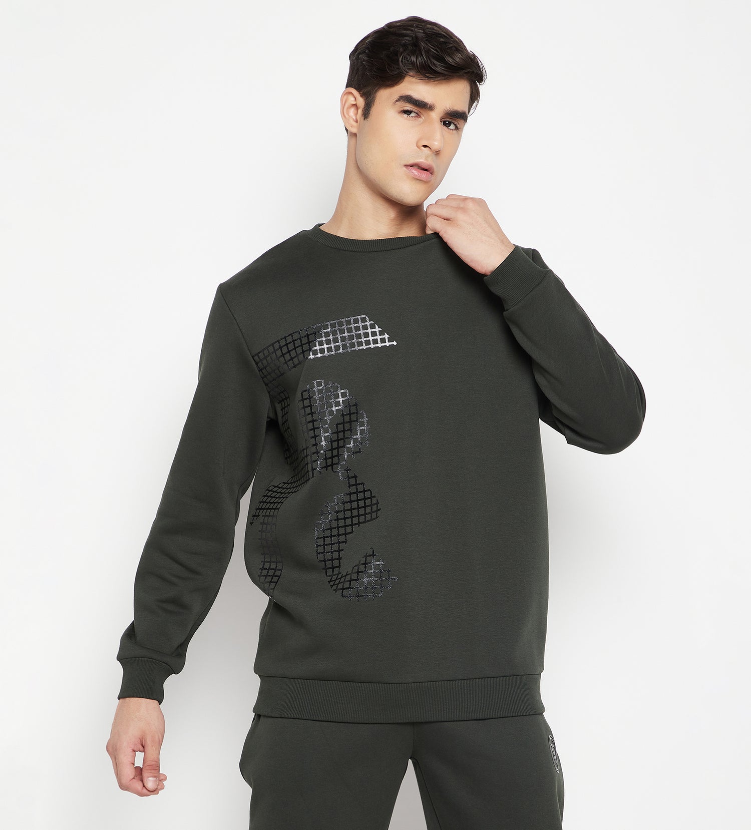 Men Green Tonal Printed Regular Fleece Sweatshirt