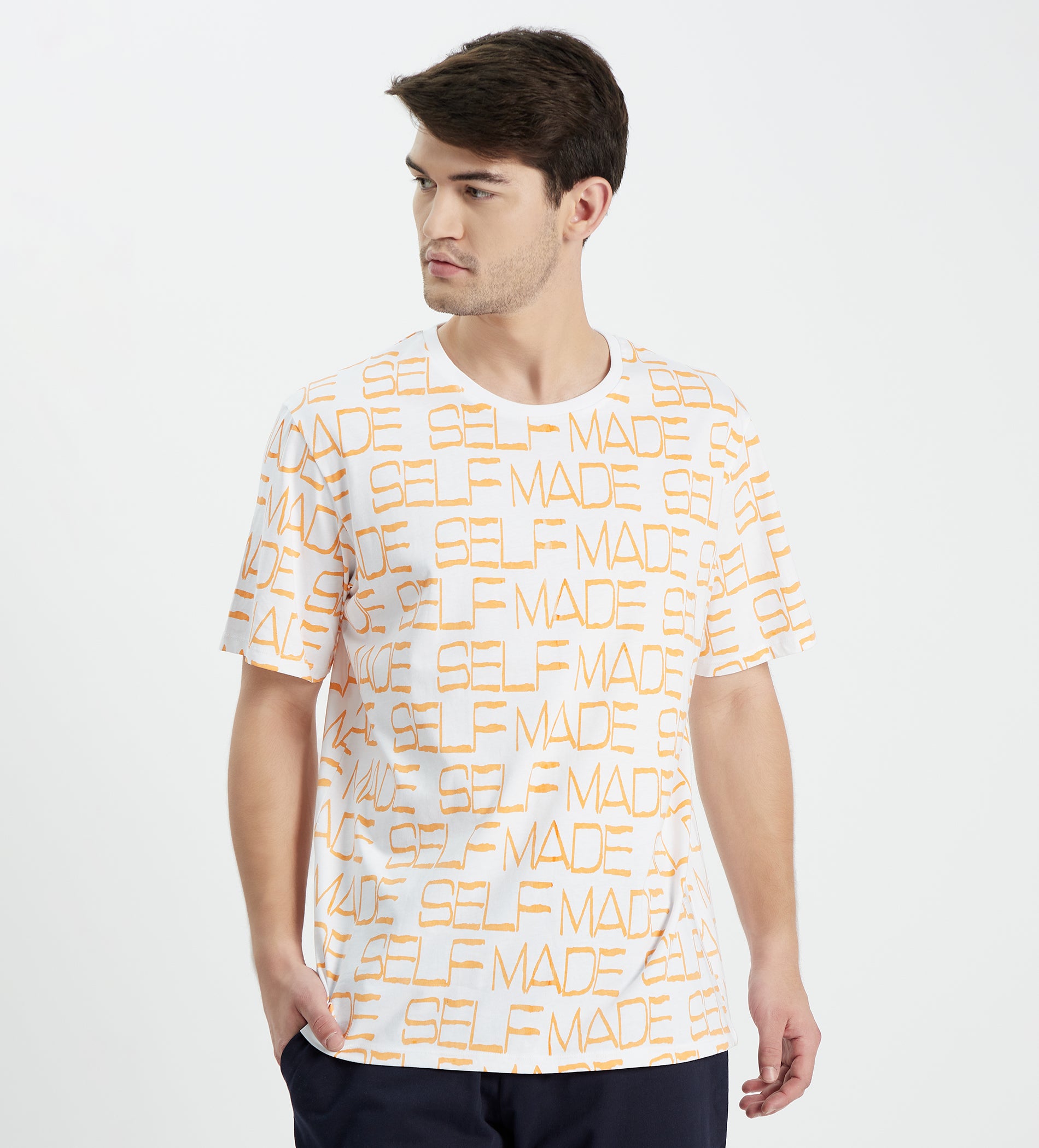 Men Orange Oversized Self Made Printed T-Shirt