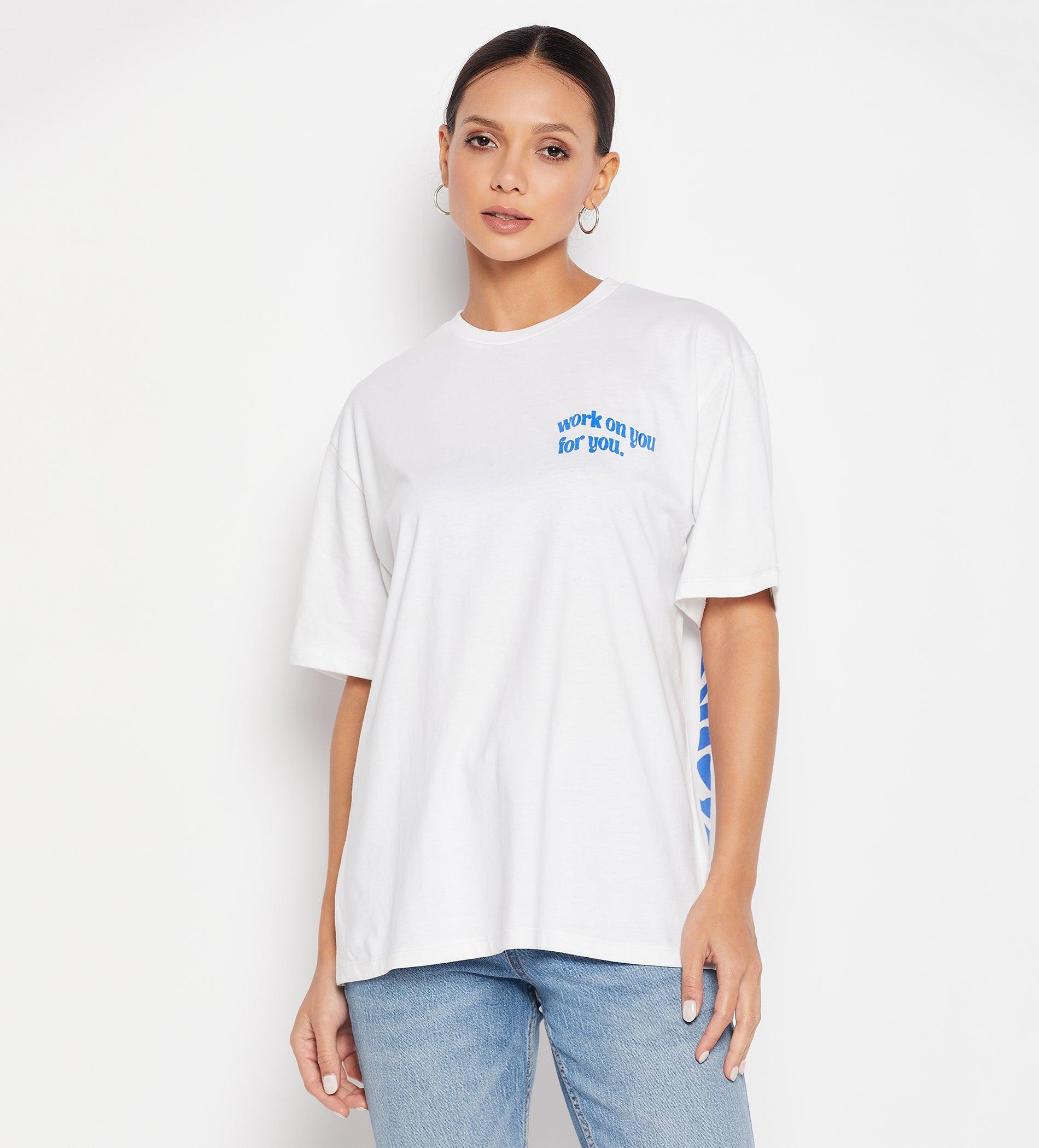 White Doodle Print Oversized T-Shirt for Women