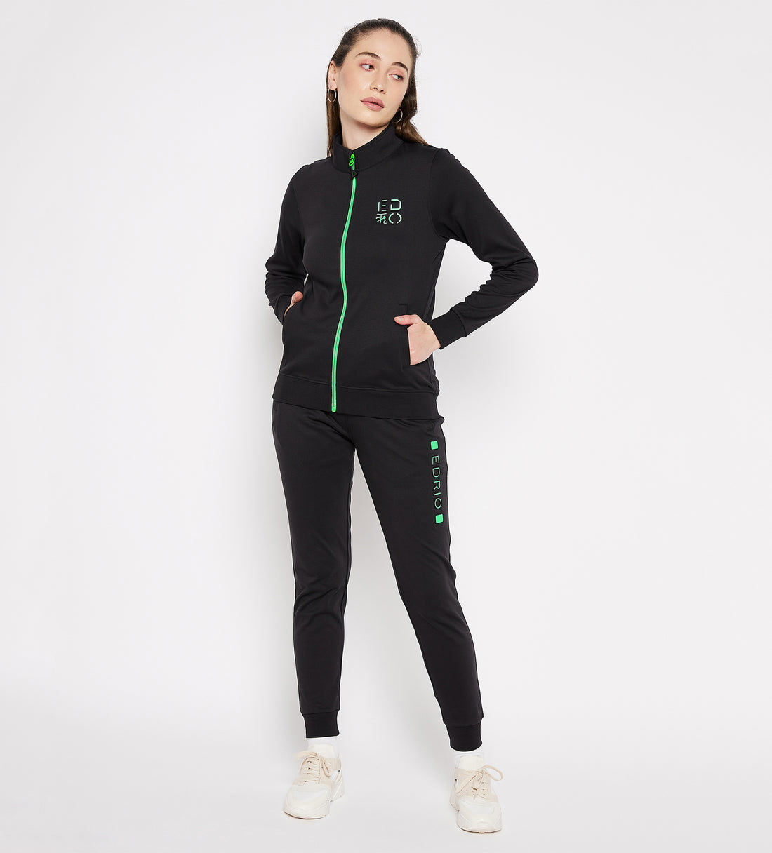 Women Black Compact Cotton Zip Up Tracksuit with Embossed Logo