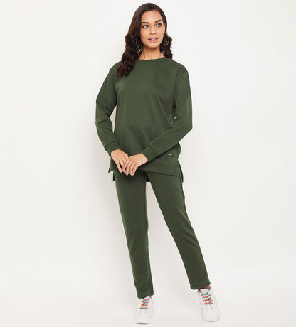 Women Green Relaxed Fit Crew Neck All Season Tracksuit