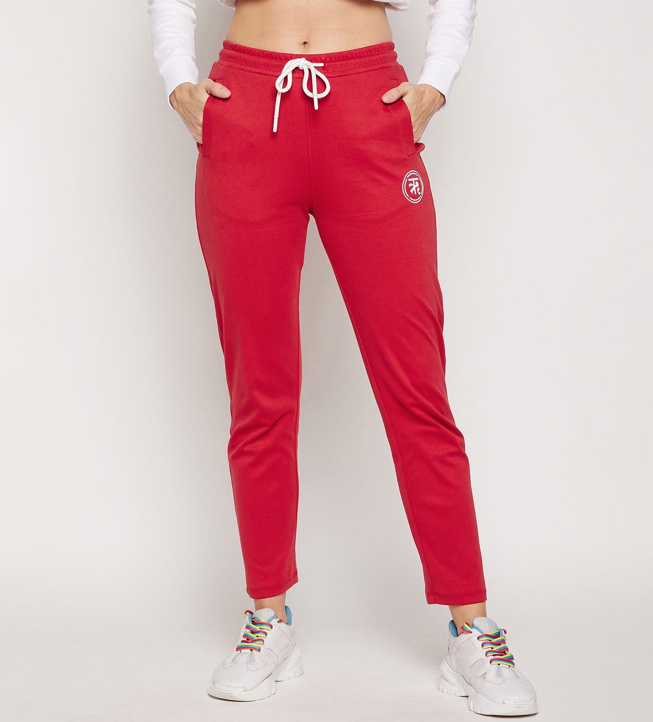Women Red Compact Cotton Slim Fit All Season Trackpant