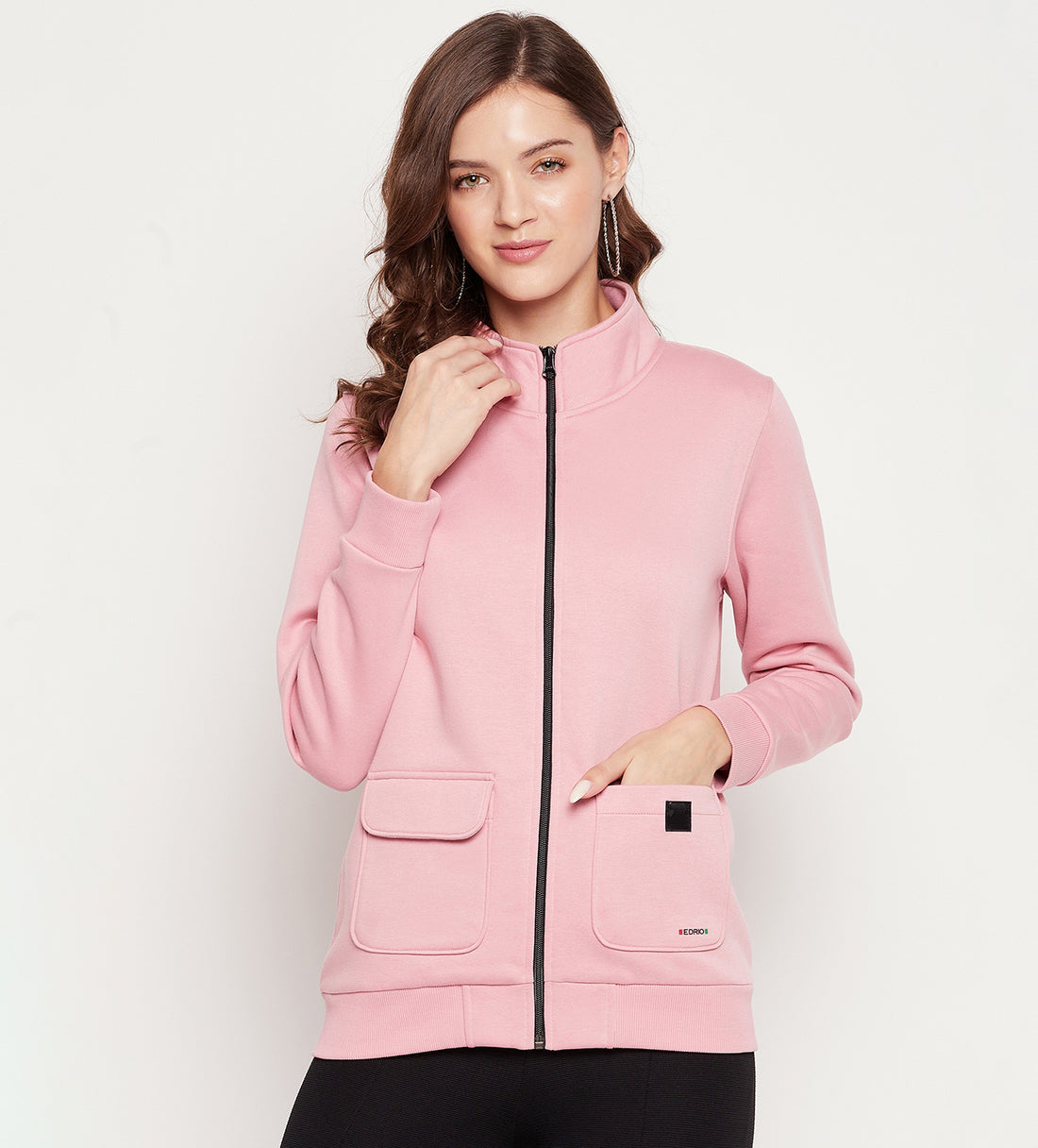 Women Pink Regular Fleece Sweatshirt With Flap Pocket