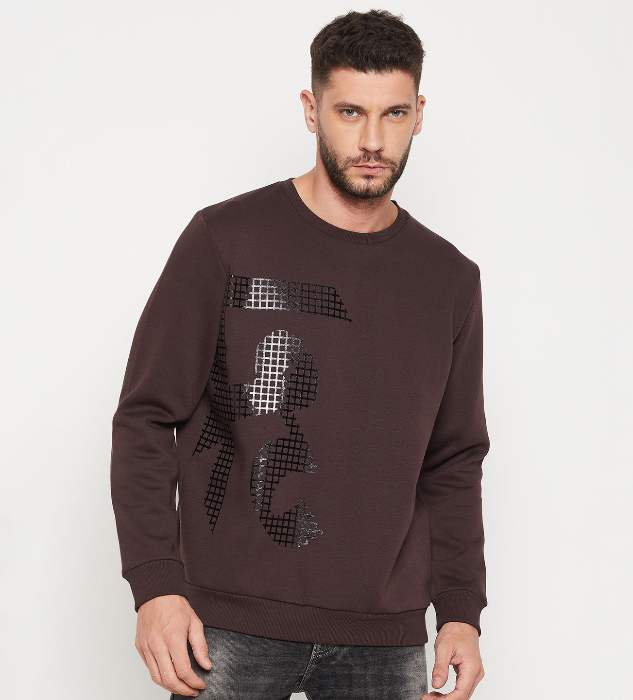 Men Coffee Tonal Printed Regular Fleece Sweatshirt
