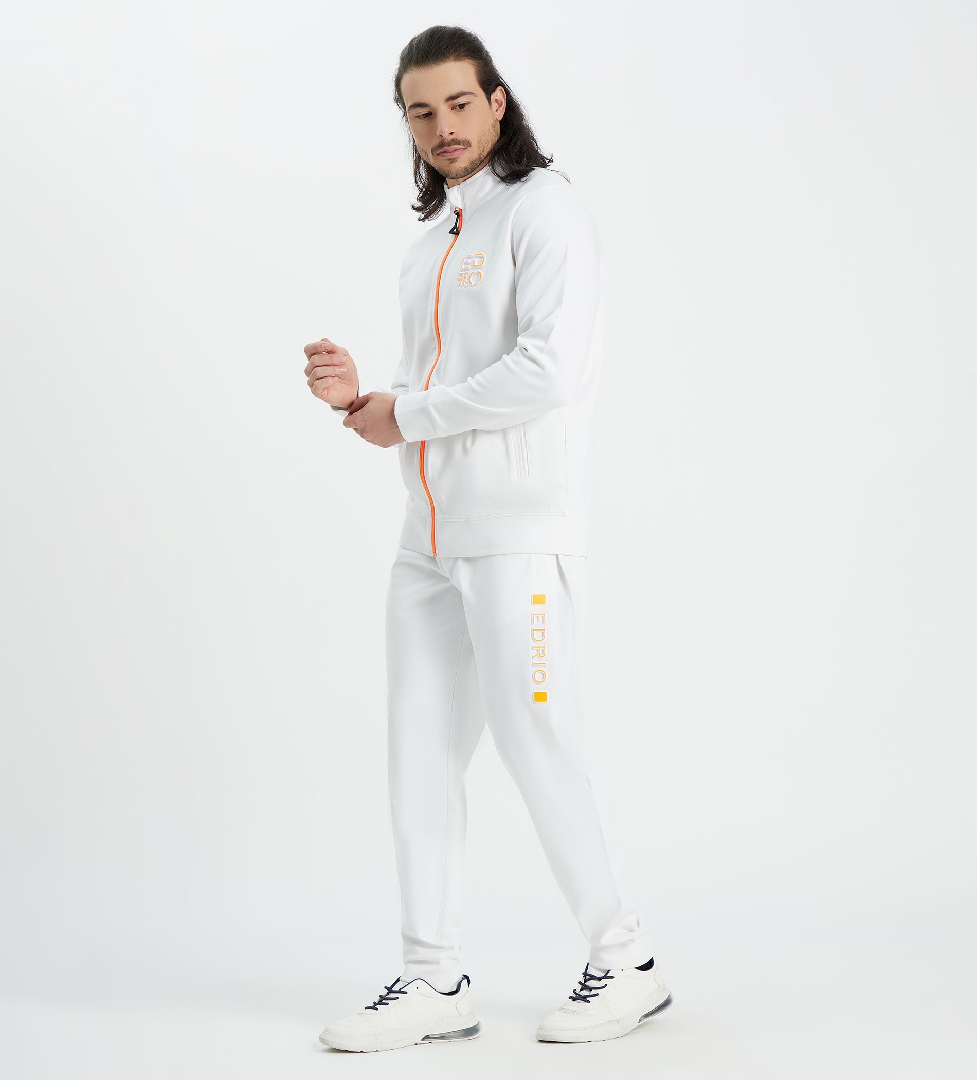 Men White Compact Cotton Zip Up Tracksuit with Embossed Logo